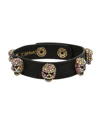Betsey Johnson Faux Stone Pave Skull Leather Snap Bracelet