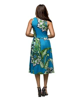 24seven Comfort Apparel Women's Midi Length Teal Paisley Print Sleeveless Pleated Pocket Dress