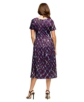 24seven Comfort Apparel Women's Purple Print Short Sleeve Pleated Flare Midi Pocket Dress