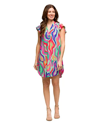 24seven Comfort Apparel Women's Multicolor Print V Neck Cap Sleeve Knee Length Pocket Dress