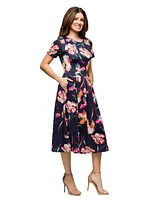 24seven Comfort Apparel Women's Navy Floral Short Sleeve Pleated Flare Midi Pocket Dress