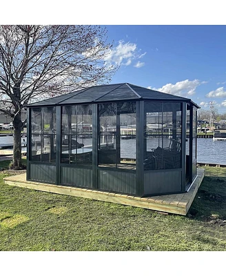 13 x 13 Ft Sunroom Octagonal Solarium,Screen Houses for Outdoors Backyard with Lockable Sliding Door,Moveable Pc Screen,Galvanized Steel Sloping Roof