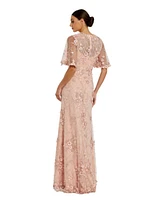 Mac Duggal Women's Flutter Sleeve Floral Embroidered Net Gown