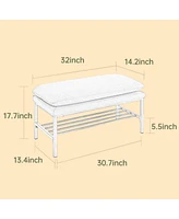 Modern Upholstered End of Bed Bench with Metal Legs and Storage Shelf Versatile Shoe Rack Ottoman for Entryway Bedroom Living Room Window or Hallway-T