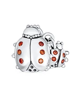 Bling Jewelry Set of 2 Insect Garden Ladybugs Red Cz Dangle Charm Bead Enamel Sterling Silver