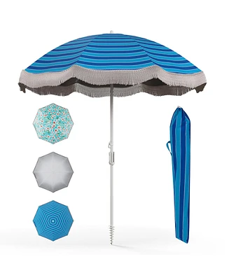 Gymax 6.5 Ft Beach Umbrella w/ Fringe Tassel Push Button Tilt Sand Anchor