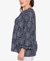 Ruby Rd. Plus Size Print Solid Burnout Top