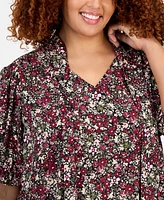 Jones New York Plus Printed Tie-Neck Short-Puff-Sleeve Blouse