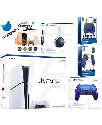 Sony Playstation 5 Slim Disc Bundle with White Pulse Headset, Extra Chroma Indigo Controller, Pro Gamer Kit, Trigger Kit and MightySkins Decal Voucher