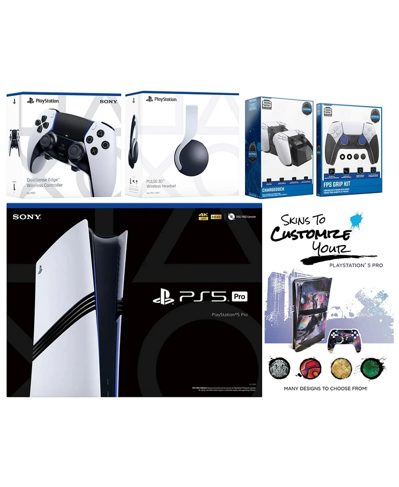 Sony Playstation 5 Pro Bundle with White Pulse Headset, Extra Edge Controller, Fps Grip Kit, Dual Charge Dock and MightySkins Decal Voucher