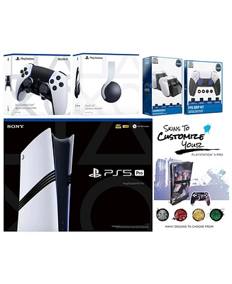 Sony Playstation 5 Pro Bundle with White Pulse Headset, Extra Edge Controller, Fps Grip Kit, Dual Charge Dock and MightySkins Decal Voucher