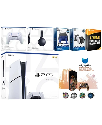 Sony Playstation 5 Slim Disc with Black Pulse Headset, Extra Sterling Silver Controller, Gamer Kit, Charge Dock and MightySkins Decal Voucher + 1 Year