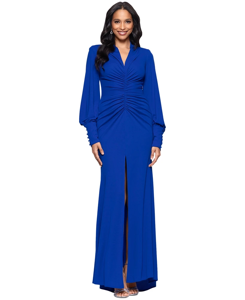 Betsy & Adam Petite Long-Sleeve Ruched Gown