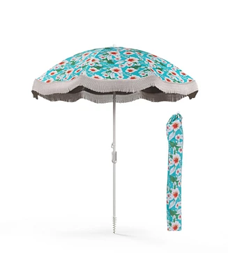 Beach Umbrella with Fringe Outdoor Tassel Push Button Tilt