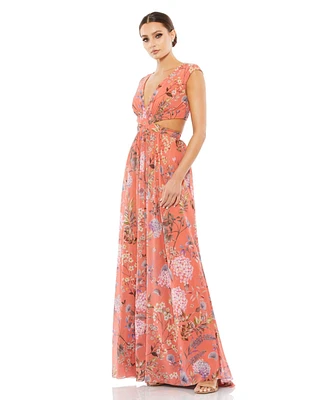 Mac Duggal Women's Cut Out Cap Sleeve V Neck Gown
