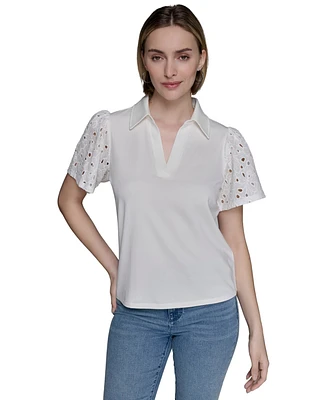 Karl Lagerfeld Paris Women's Mixed-Media Eyelet Knit Top