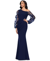 Betsy & Adam Women's Asymmetric-Neck Lace-Sleeve Gown
