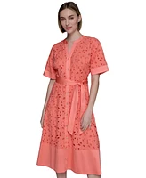 Karl Lagerfeld Paris Women's Eyelet Cotton A-Line Shirtdress
