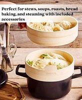 Alva Nori 2.5 Qt. Enameled Cast Iron Cocotte Dutch Oven Steamer Pot with Lid, Steamer Inserts, Non-Toxic Pfas, Pfoa & Ptfe Free, Heavy-Duty Oven Safe
