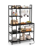 5-Tier Bakers Rack with Power Outlets and 10 S-Shaped Hooks – Multi-Functional Kitchen Storage Electrical Access
