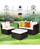 4PCS Patio Rattan Wicker Sofa Furniture Set Cushioned Conversation Ottoman Set