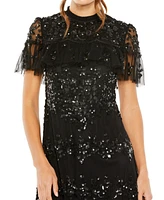 Mac Duggal Women's Sequined High Neck Ruffled Flutter Sleeve Midi Dress