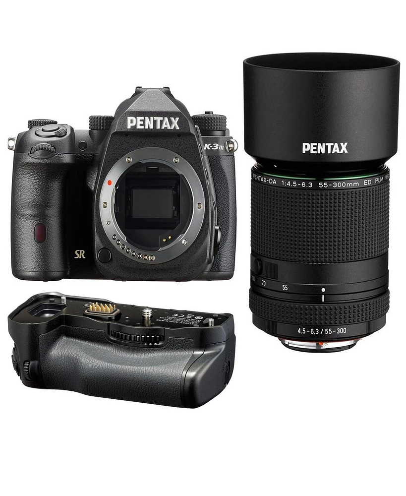Pentax K-3 Mark Iii Aps-c-Format Dslr Camera, Black With Hd Da 55-300mm f/4.5-6.3 Ed Plm Wr Re Telephoto Zoom Lens with Pentax D-BG8 Battery Grip Blac