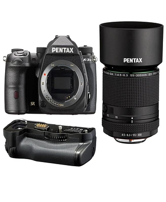 Pentax K-3 Mark Iii Aps-c-Format Dslr Camera, Black With Hd Da 55-300mm f/4.5-6.3 Ed Plm Wr Re Telephoto Zoom Lens with Pentax D-BG8 Battery Grip Blac