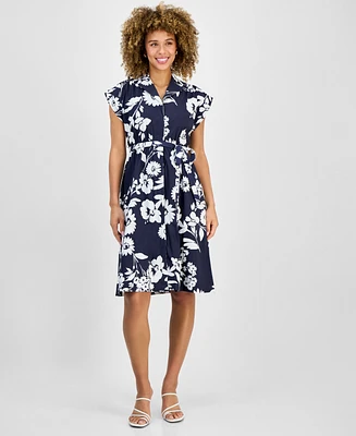 Sandra Darren Petite Cap-Sleeve Belted Shirtdress