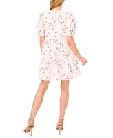 CeCe Women's Printed Cotton Eyelet Puff-Sleeve A-Line Dress