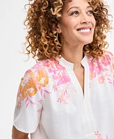 Jm Collection Women's Printed Linen Blend Split-Neck Top, Exclusively at Macy's