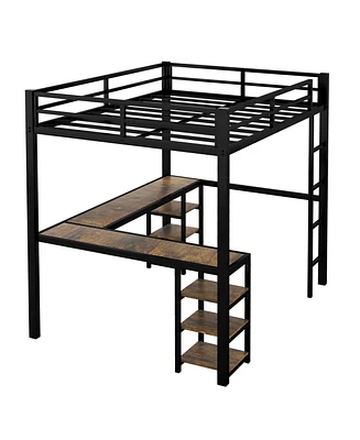 Full Metal Loft Bed with Desk and Shelves, Loft Bed with Ladder and Guardrails, Loft Bed Frame for Bedroom