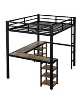 Full Metal Loft Bed with Desk and Shelves, Loft Bed with Ladder and Guardrails, Loft Bed Frame for Bedroom