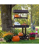 Flower Cart Display Stand with Wheels - Dessert Candy Market 2 Shelves Fir Wood White
