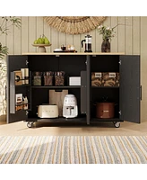 Geometric Twill Kitchen Island with Drop Leaf, Rolling Storage Cart with Towel Rack (Black
