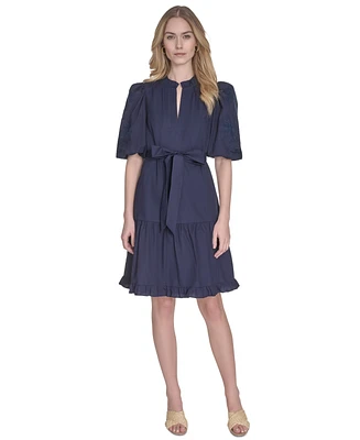 Vince Camuto Women's Split-Neck Elbow-Sleeve Cotton Dress