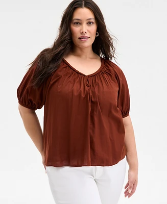 On 34th Trendy Plus Braided-Trim Short-Sleeve Top, Exclusively at Macy's