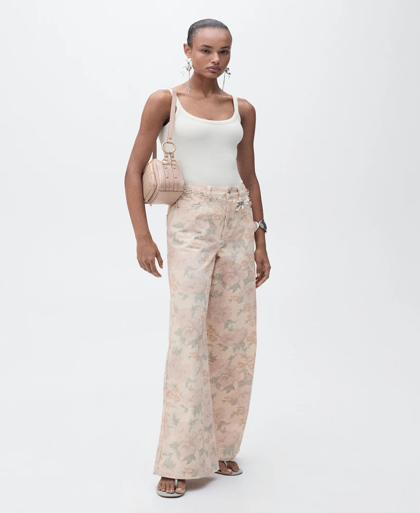 Mango Women's Floral-Print Wide Leg Jeans