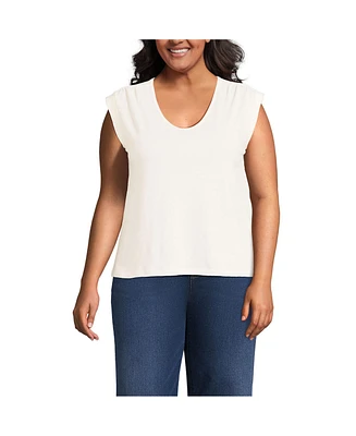 Lands' End Plus Linen Blend Cap Sleeve Gathered Shoulder Tee