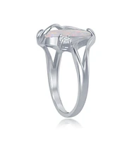 Sterling Silver White Inlay Synthetic Opal Oval Twist With Cz Ring