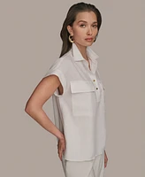 Donna Karan New York Women's Short Sleeve Linen-Blend Collared Shirt