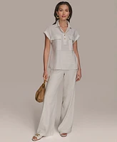 Donna Karan New York Women's Short Sleeve Linen-Blend Collared Shirt