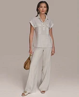 Donna Karan New York Womens Linen Blend Cap Sleeve Collared Shirt Wide Leg Pants
