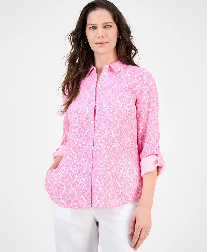 Charter Club Women's Printed 100% Linen Roll-Tab Shirt, Exclusively at Macy's