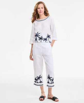 Charter Club Women's Woven-Applique 100% Linen Pull-On Cropped Pants, Exclusively at Macy's