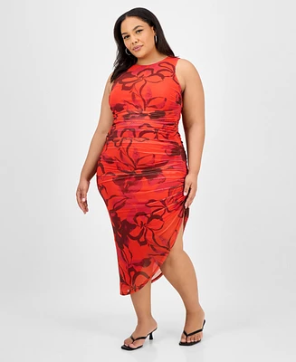 Bar Iii Trendy Plus Printed Shirred Midi Dress, Exclusively at Macy's
