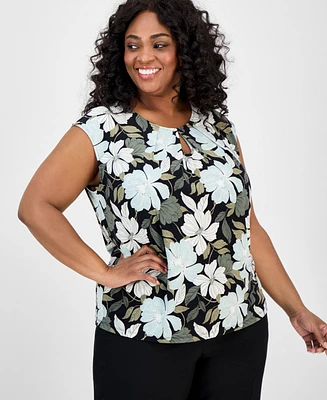 Kasper Plus Floral-Print Keyhole Top