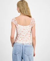 Madden Girl Juniors' Floral Printed Lace Cap-Sleeve Top