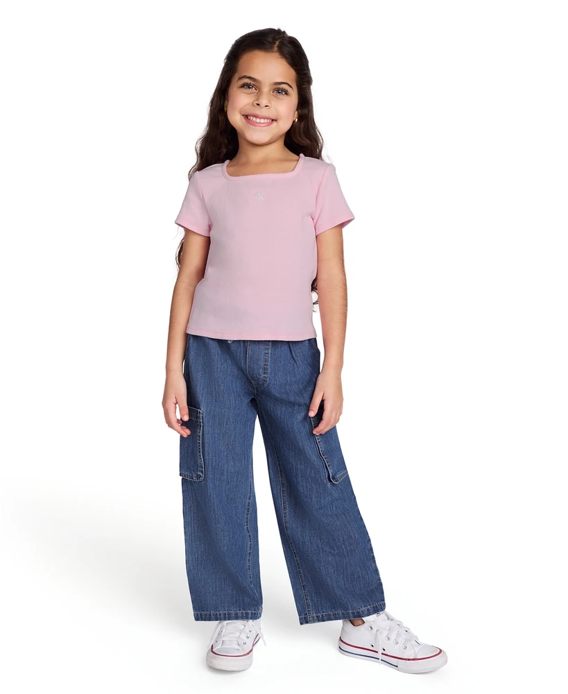 Calvin Klein Toddler and Little Girls 2-Piece Ribbed Square Neck T-Shirt Wide Leg Denim Pant Set