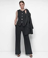 Dkny Womens Pinstriped Crewneck Button Front Vest High Rise Flare Leg Pants